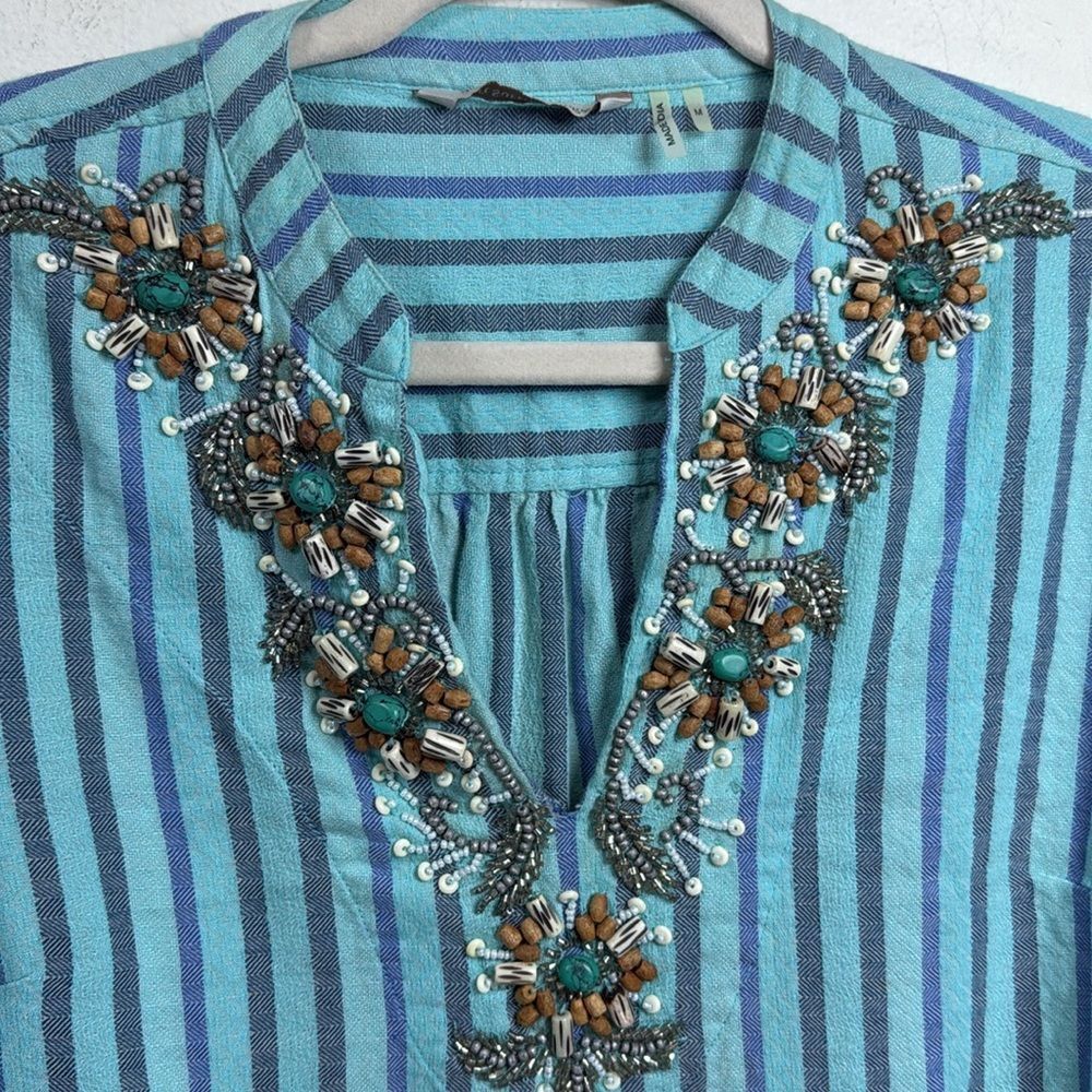 (H1) Soft Surroundings Turquoise Striped Embroidered Tunic, Sz M - Picture 10 of 15